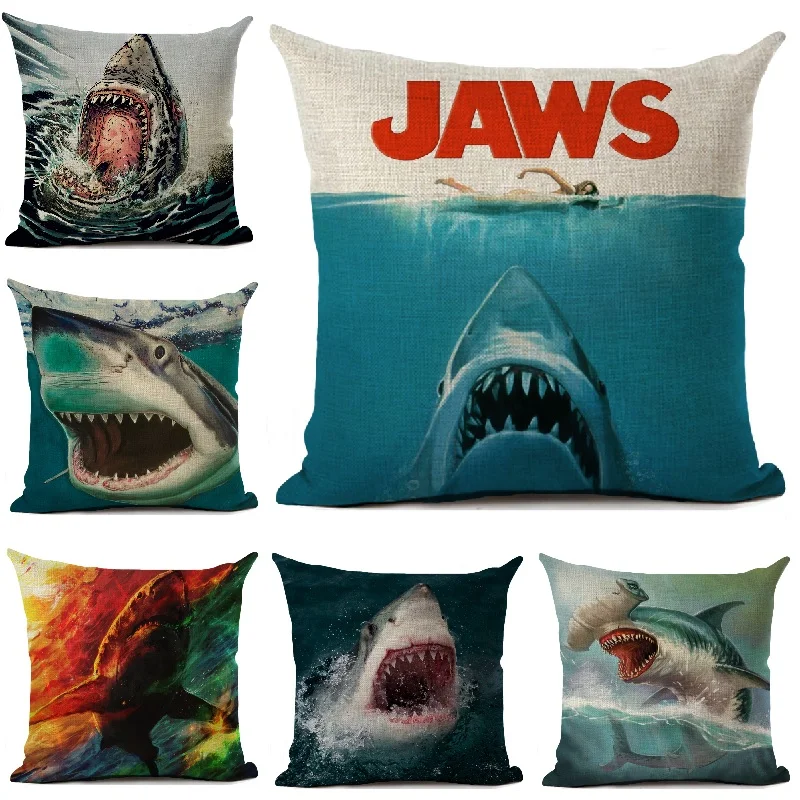 Cushion Cover Jaw Shark Printed Linen Pillow Cover Car Sofa Decorative Throw Pillows Home Decoration Pillowcase 45x45cm