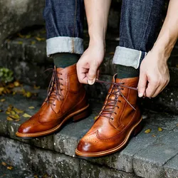 Vintage British Style Men Boots Luxury Geniune Leather Quality Handmade Ankle Lace Up Flat Booties Dress Chelsea Shoes Winter