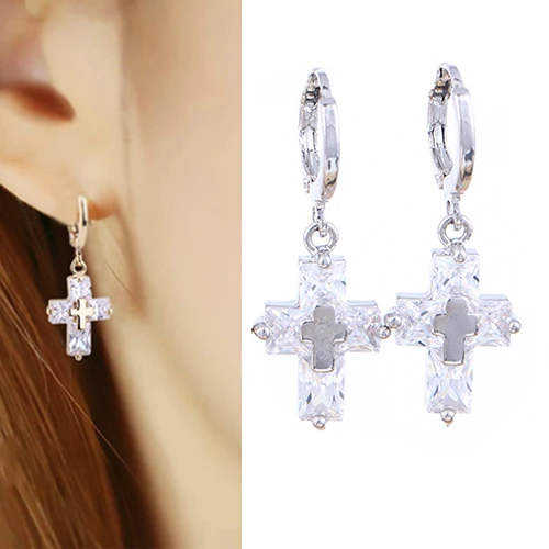 HOT SALES!!! New Arrival Women\'s Luxury Cubic Zirconia Dangle Drop Cross Hoop Earrings Banquet Jewelry Wholesale Dropshipping