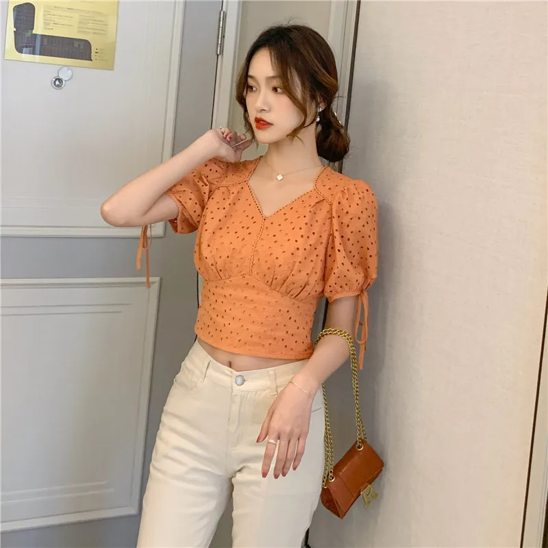 Frauen Bluse 2020 Sommer Puff Hülse Bogen Spitze Hohl Häkeln Kurzen Design Vintage V Neck Chic Koreanische Shirt Top Orange weiß