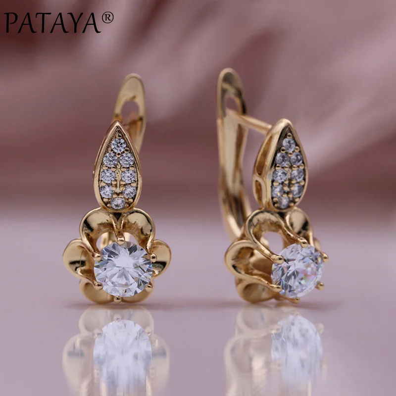 PATAYA New Girl Cute Small Drop Earrings 585 Rose Gold Color Fashion Jewelry Fine Flower Women Natural Zircon Hollow Earrings