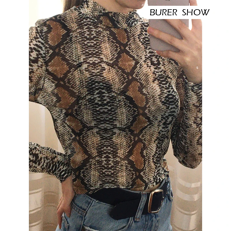 Casual Green Snake Print T Shirt Women Mesh Top Long Sleeve