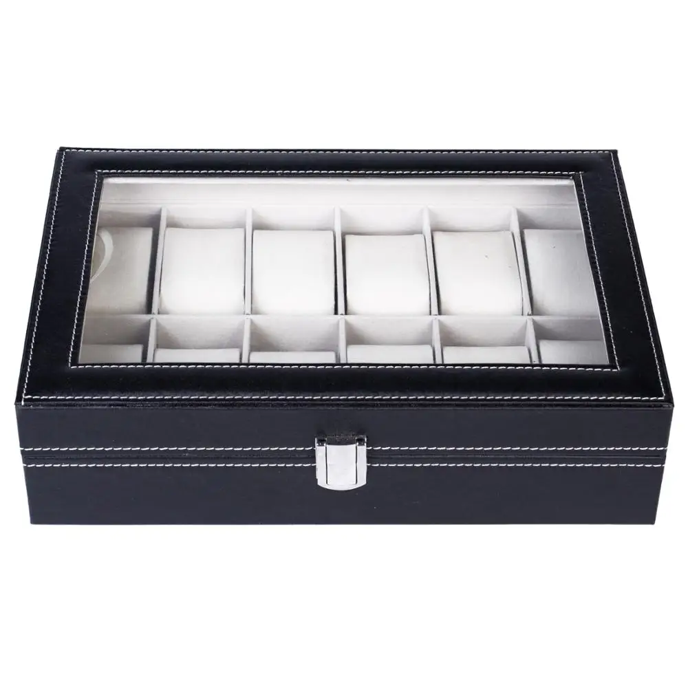 Leather Watch Collection Box Jewelry Display Case Organizer 12 Compartments Top-Level Opening Style Black[US-Stock]