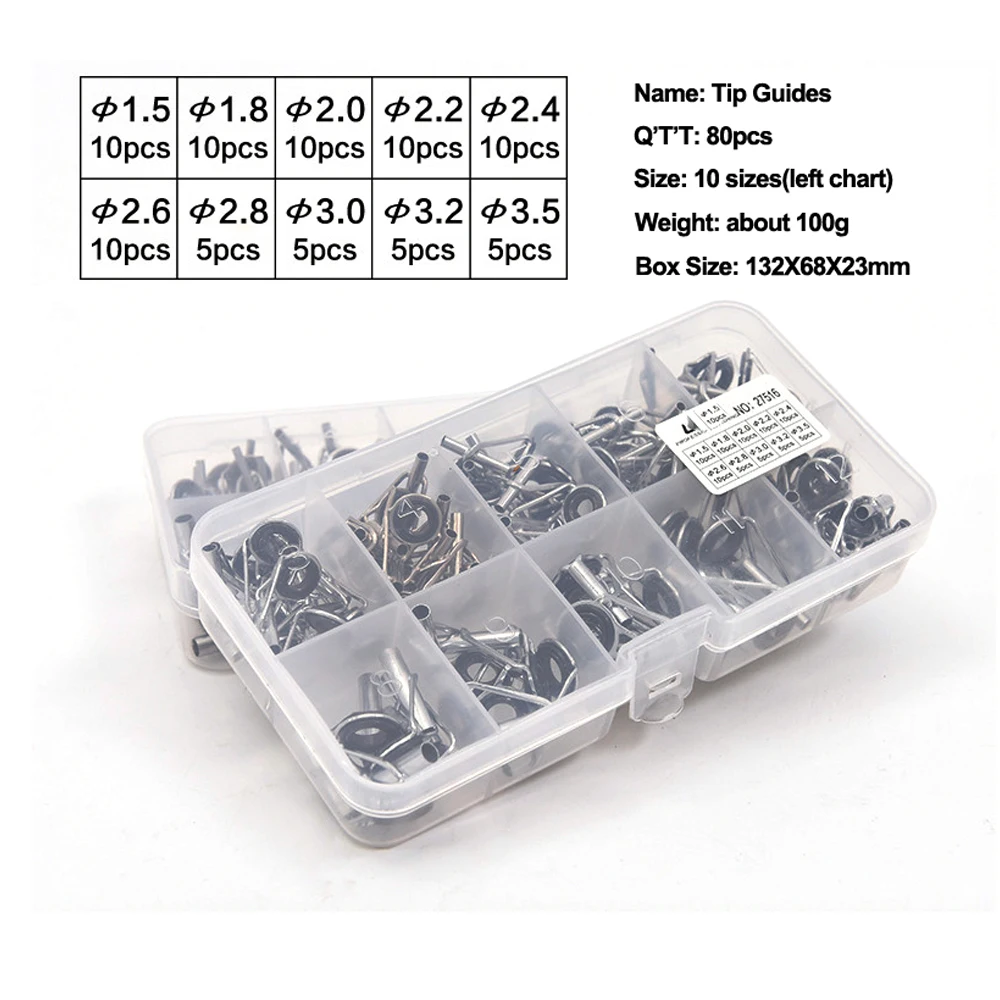 1 Box 80pcs Mixed Sizes Fishing Rod Guide Tips for Rod DIY Reparing Top Eyelets 1.5mm 1.8mm 2.0mm 2.2mm 2.4mm 2.6mm 2.8mm 3mm