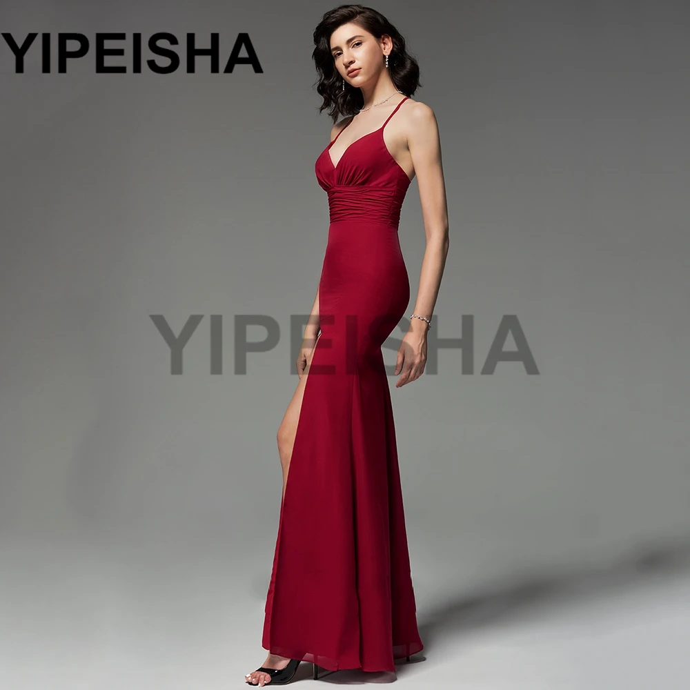 Dekolt w szpic szyfon Spaghetti pasek suknie wieczorowe przód wysoki podział Backless-line Prom suknia wieczorowa vestidos de fiesta فساتين الس