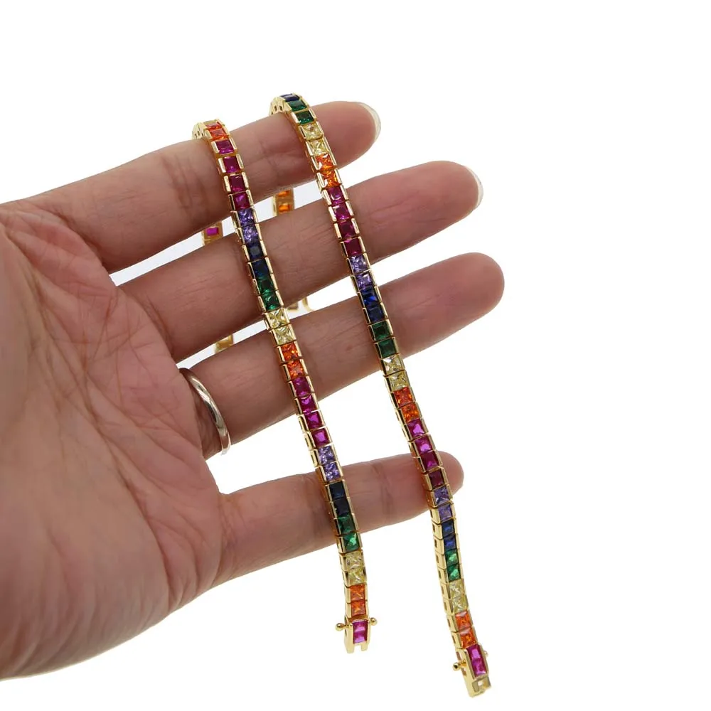 Creative gifts rainbow bracelet& bangles fashion square cz tennis chain glod filled fashion jewelry chic multi color zircon NEW