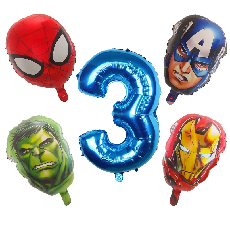 5Pcs Hero Foil Globos Spiderman Head Aluminum Foil Balloons Kids Birthday Party Decoration Baby Shower Iron Man Number Balloon