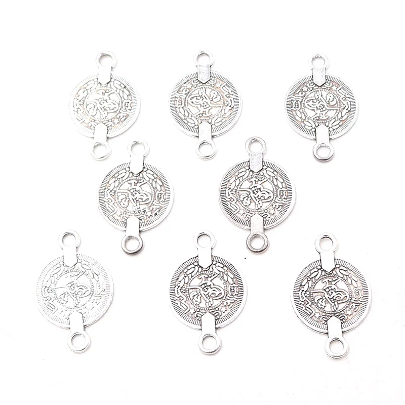 12pcs/ Lot Silver Plated Ancient Coin Double Hole Connector Pendants Bracelet Accessories DIY Charms For Jewelry Crafts Making