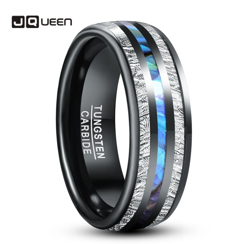 Anillo eléctrico de carburo de tungsteno para hombre, joyería de boda con incrustaciones de meteorito abulón, cúpula de concha, color negro, 8mm, el mejor regalo