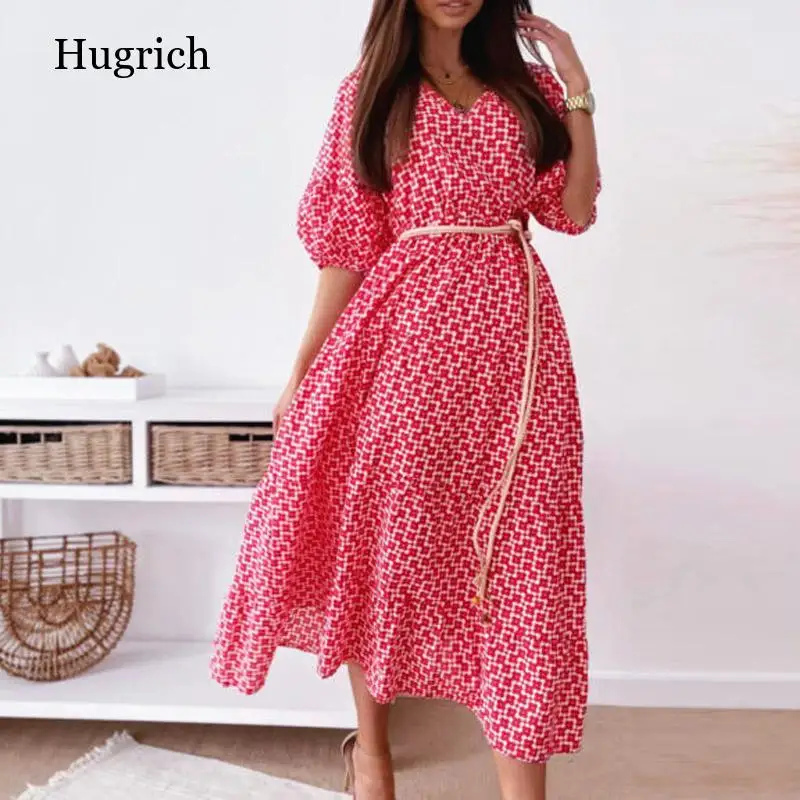 2021 Summer Fashion Tie-Up Belt Ruffle Dress Casual Sexy V Neck Floral Print Long Dress Women Retro Puff Sleeve Beach Boho Dress