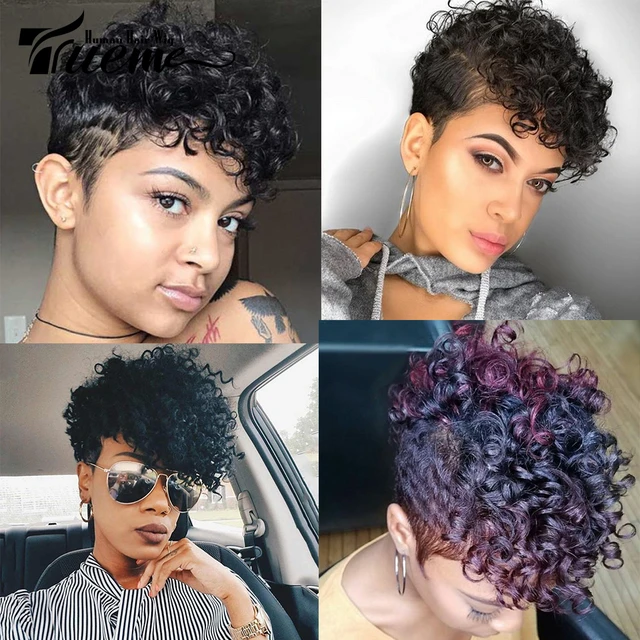 Trueme Fashion Pixie Cut Fumi Curly Human Hair Wigs Brazilian Curly Remy Hair Wig Short Wig For Black Women Full Machine Wig AliExpress