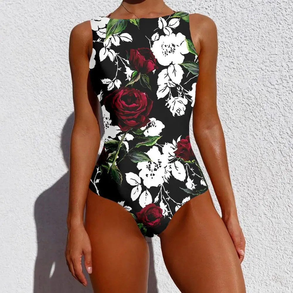 One-piece Swimsuit Women Floral Printed Patchwork Belt Bow 2021 Summer O-neck Sexy Beach Bathing Suit Ladies Swimwear