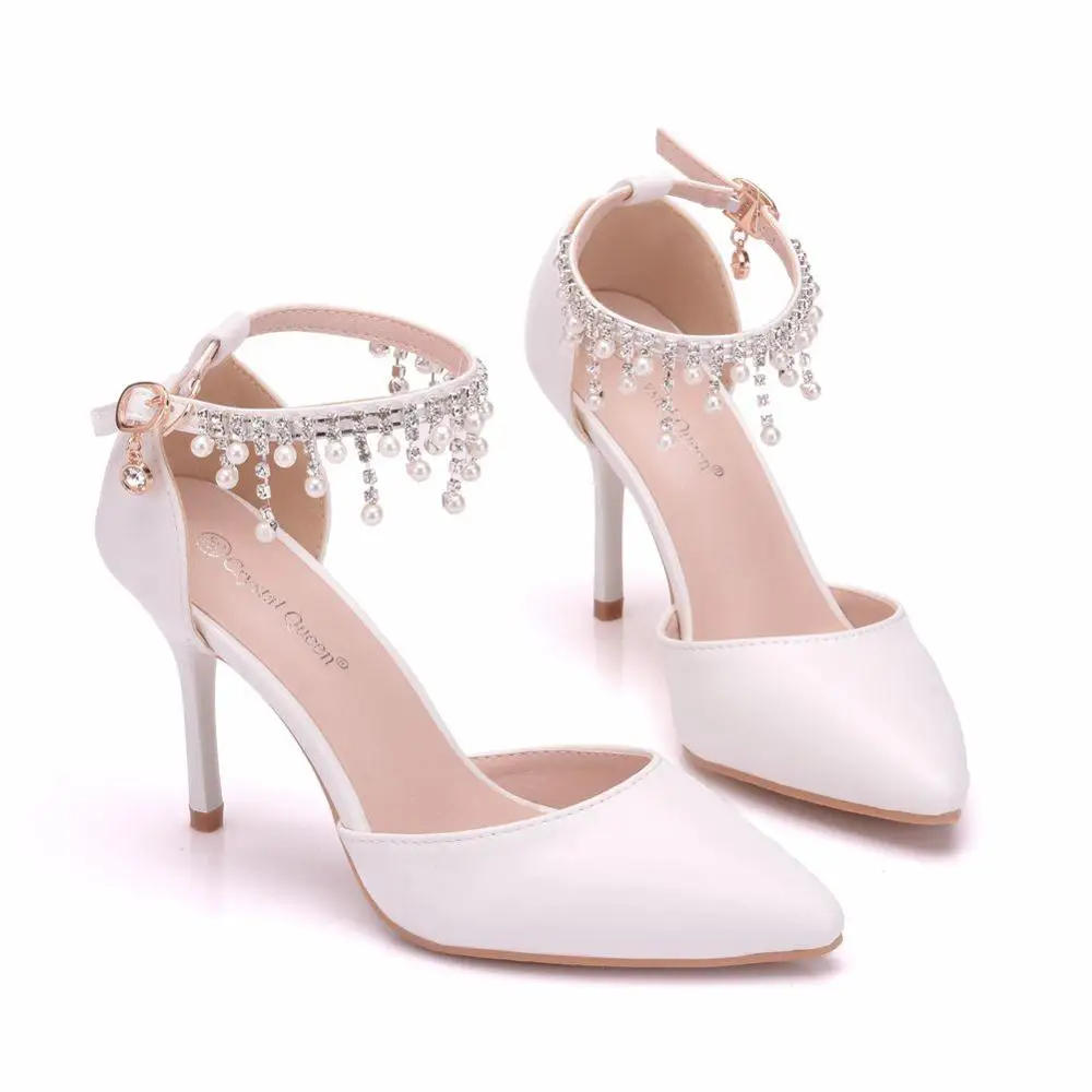 Crystal Queen White Pearls Tassel Chain Sandals Thin High Heels Pointed Toe Mary-Janes Stiletto Rhinestone Weddding Pumps