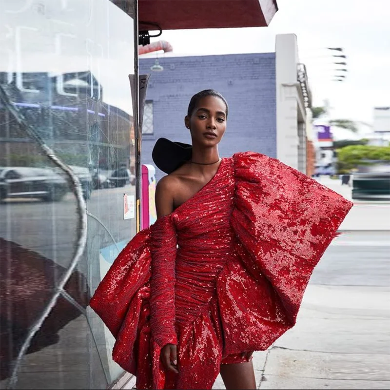 Red Short Evening Party Dress Elegant One Shoulder Sequin Prom Gowns Ankle Length robe de soiree Asymmetrical Evening Gowns