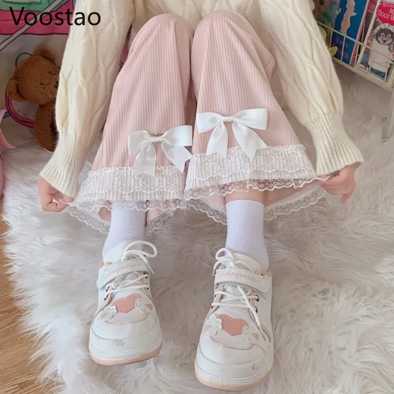 Autumn Japanese Women Sweet Lolita Style Lace Bow Corduroy Wide Leg Pants Girls Harajuku Casual Loose Sweatpants Kawaii Trousers