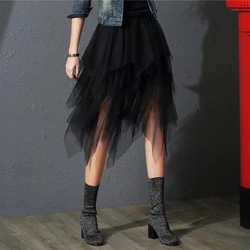 Tulle Skirts Womens Irregular Fashion Korean Elastic High Waist Mesh Tutu Skirt Sexy Pleated Long Skirts Midi Skirts for Women