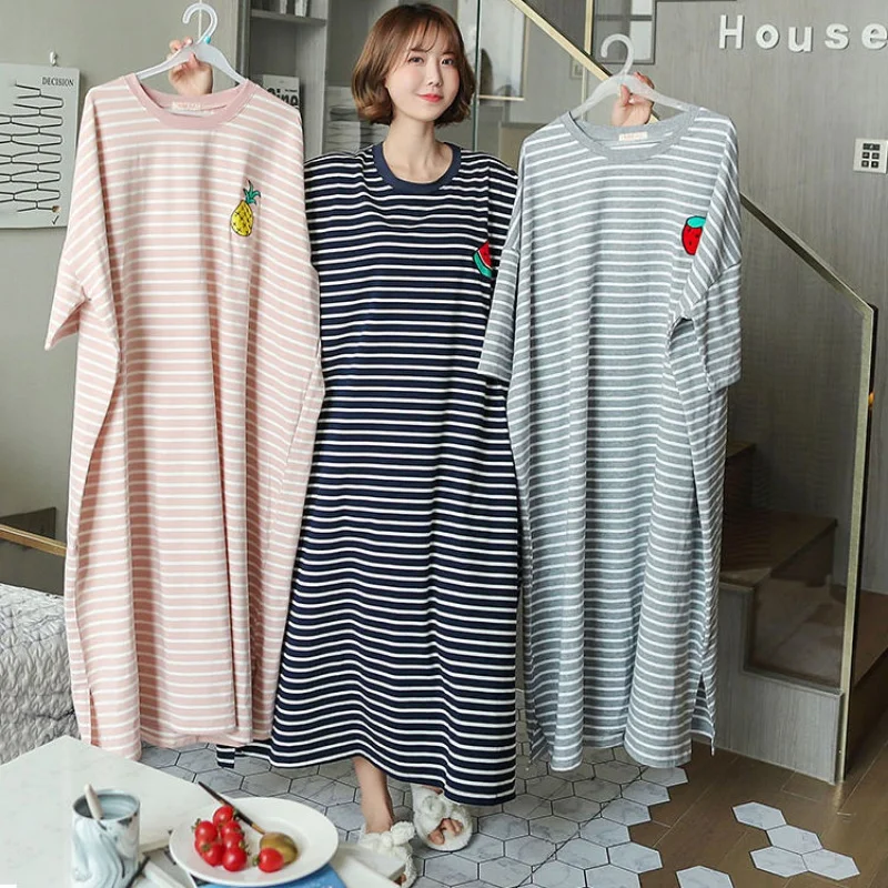 Women Plus Size Striped Nightgown Sleepwear Short Sleeve Long Nightdress Loose Casual Robe Sleepshirt Home Wear 4XL 5XL