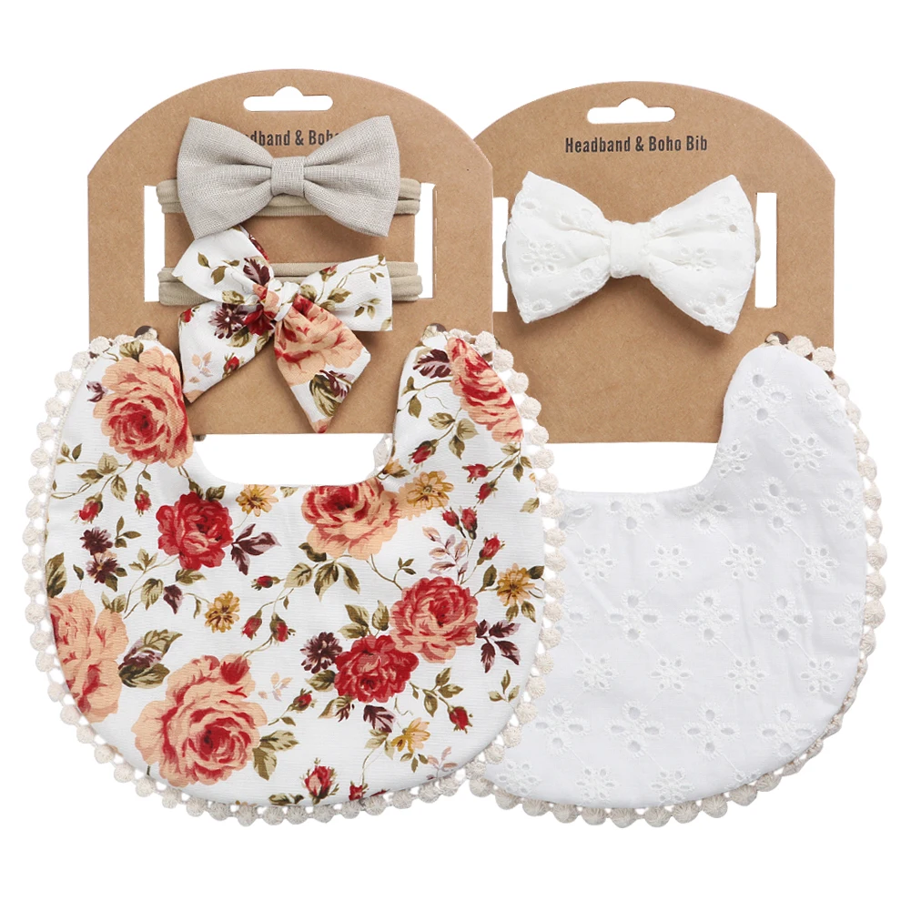 2 Sets/Lot Flower Print Embroidery Baby Bibs Headbands Bow Tie Scarf Bandana Double Side Toddler Saliva Towel Feeding Burp Cloth