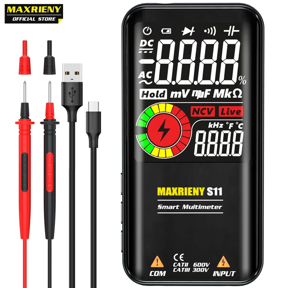 

MAXRIENY Digital Multimeter A10 S11 9999 Smart DC AC Voltage Capacitor Ohm Diode NCV Hz Tester DMM with Rechargeable Battery