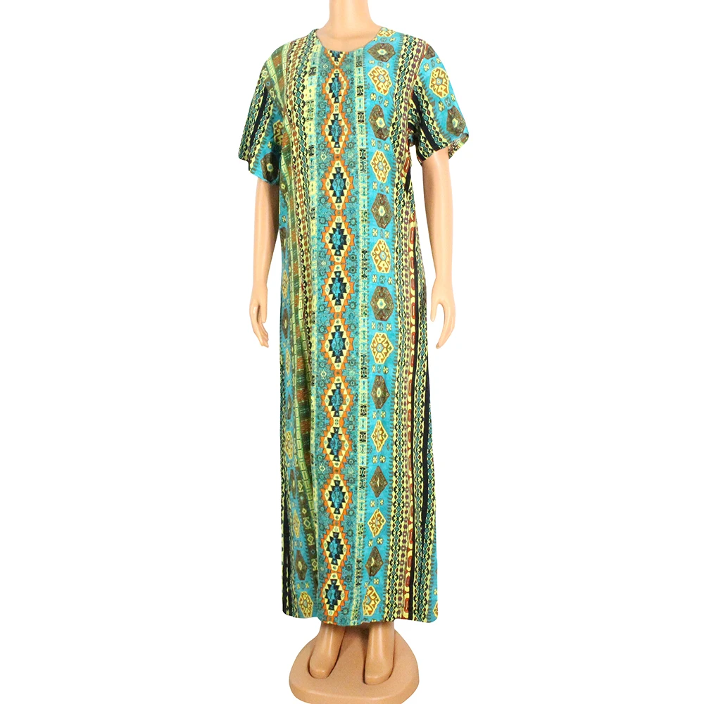 

New Arrival 2020 African Ladies Long Skirt Rhombus Pattern Loose Waist Type Leisure Fashion Short Sleeve Women Clothes