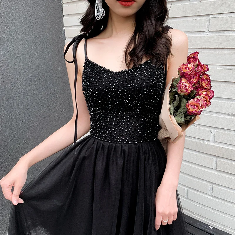 2020 New Fashion Banquet Long Evening Dress Women Thin Sexy Black Prom Dress Spaghetti Strap Beading Banquet Party Dress Backles