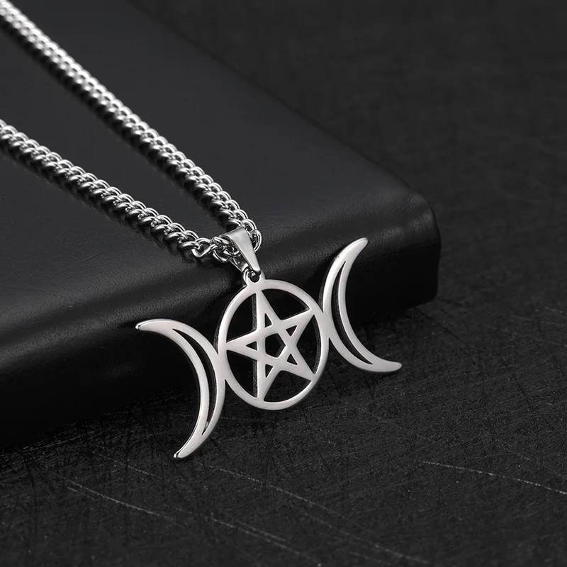 Unift Triple Moon Goddess Necklace For Women Men Wicca Pentagram Magic Supernatural Amulet Necklaces Stainless Steel Jewelry