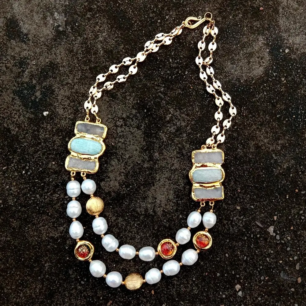 

Y·YING 2 Rows Cultured White Pearl Amazonite Agate Druzy Golden Murano Glass Necklace 21"