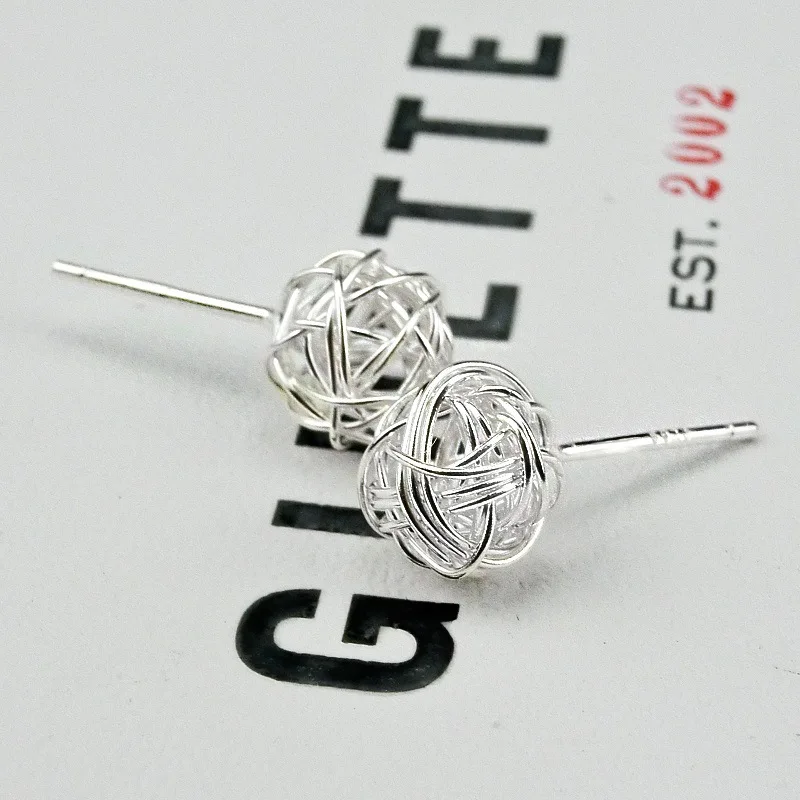 Fashion Personality Silver Hollow Winding Skein Small Earrings Handmade Line Ball Brilliant Creative Students Small Jewelry Gift