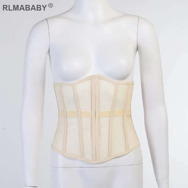 Sexy Transparent Stripped Back Bandage Mesh Corset Casual Streetwear Female Corset Top Fashion Elegant Office Lady Corset Belt