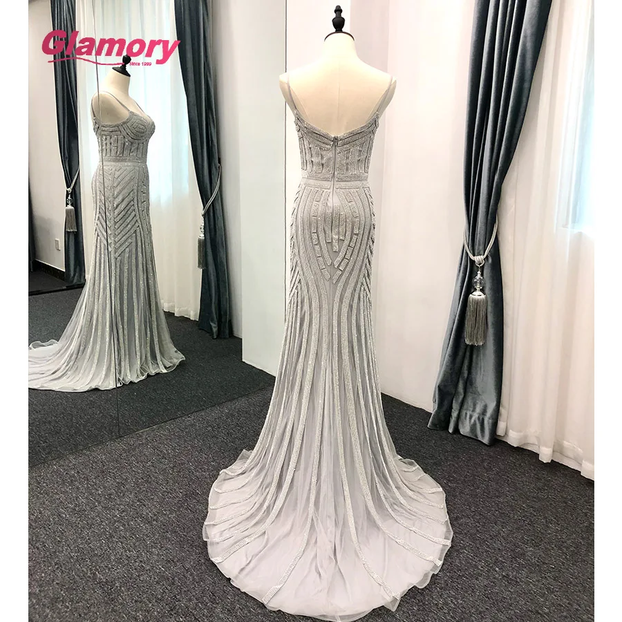 Silver Luxury Shiny Rhinestone ชุดเซ็กซี่เซ็กซี่ Bodycon สปาเก็ตตี้พรหมทรัมเป็ต Mermaid ชุดราตรี