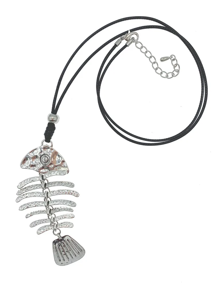 Fish Bone Silver Plated Pendant Long Necklace Black Wax Cord Antique Vintage Style For Women 30 Inch