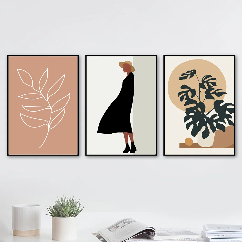 Wall Art Hoom Decor Nordic Posters Prints Fashion Abstract Girl Geometry Leaf Line Wall Picture for Living Room Home Decoration