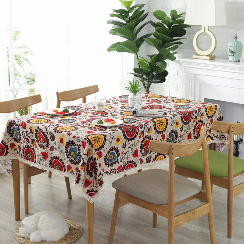 Ethnic Style Cotton and Linen Tablecloth Sunflower Pattern with Retro Lace Hem Home Coffee Pendant Tea Table Pad Meal Cloth