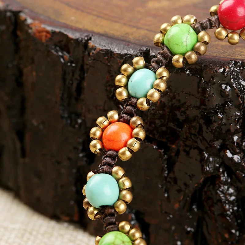 Bohemian Ethnic Style Retro Turquoise Women\'s Bracelet Wax Rope Hand-woven DIY Beach Style Creative Couple Female Bangle Jewelry