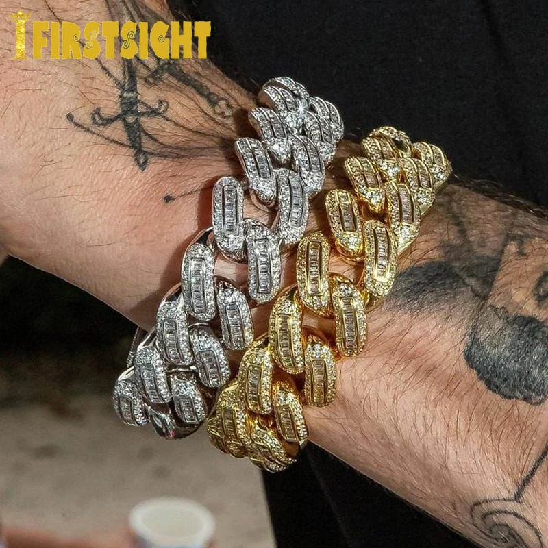 Iced Out Bling 18mm Rectangle CZ Heavy Box Clasp Cuban Link Chain Bracelet Silver Color 5A Zircon Big Hip Hop Men Women Jewelry