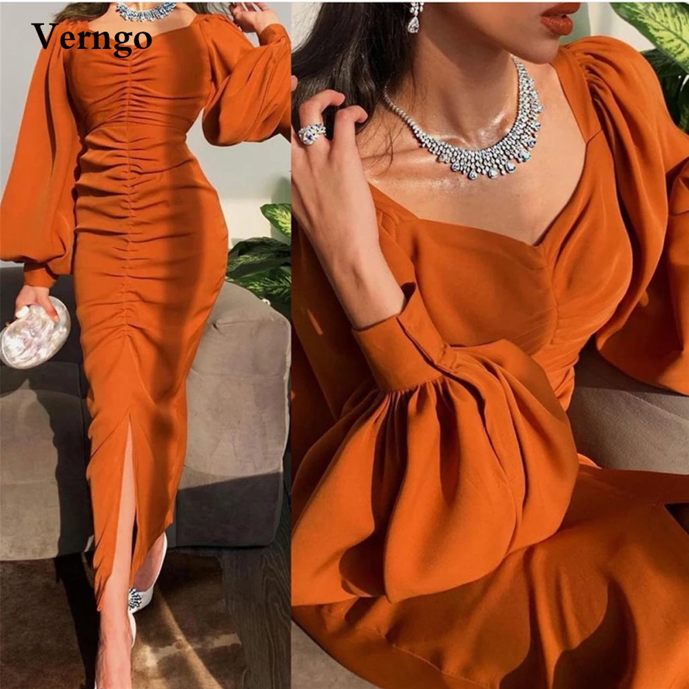 

Verngo Modest Dark Orange Evening Dresses Puff Long Sleeves Square Neck Prom Gowns Ankle Length Dubai Women Formal Party Dress