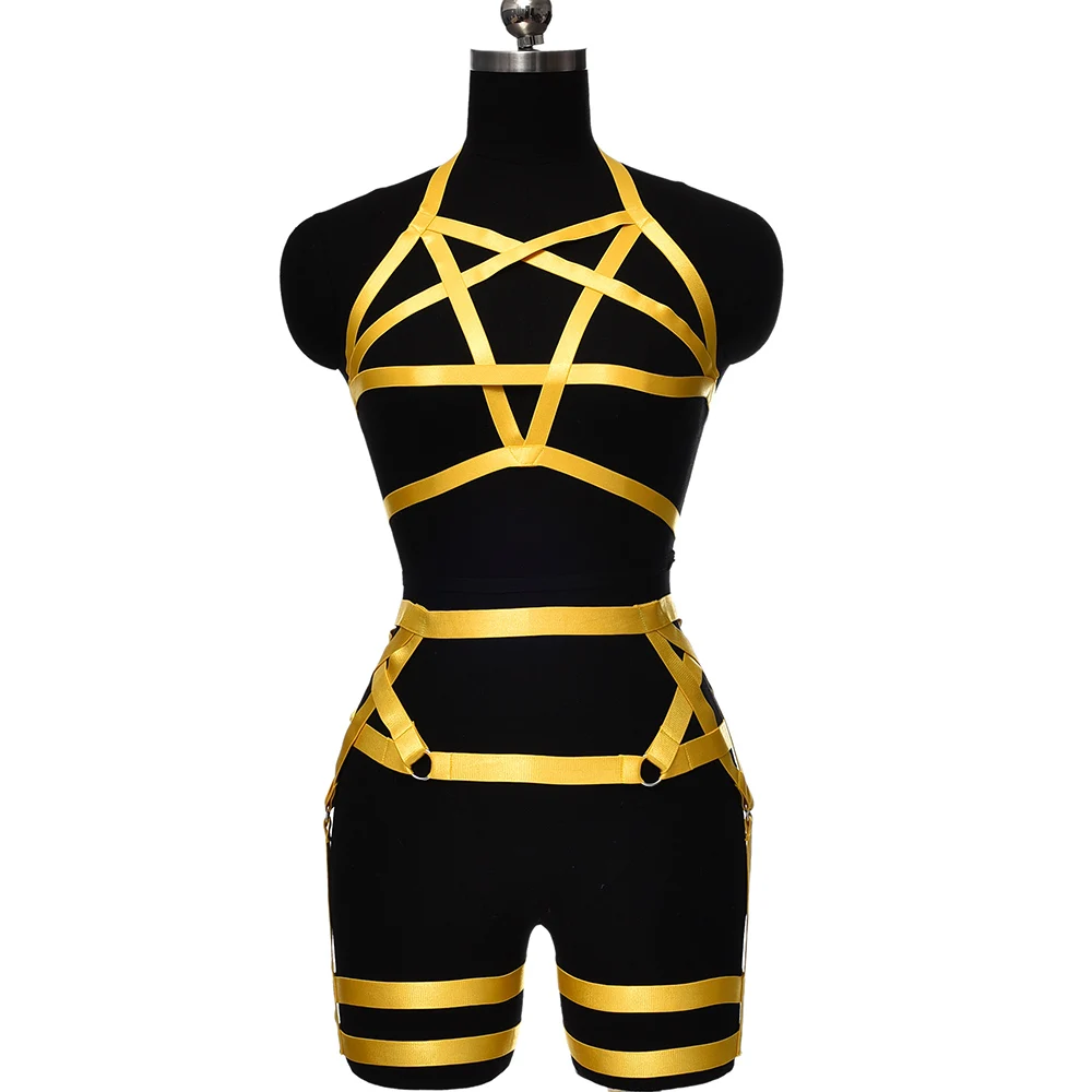 BONDAGE STRAPPY Women Sexy Harness Set Crop Top Pentagram Cage Bra Elastic BodySuit Star Stockings High Waist Garter Belt