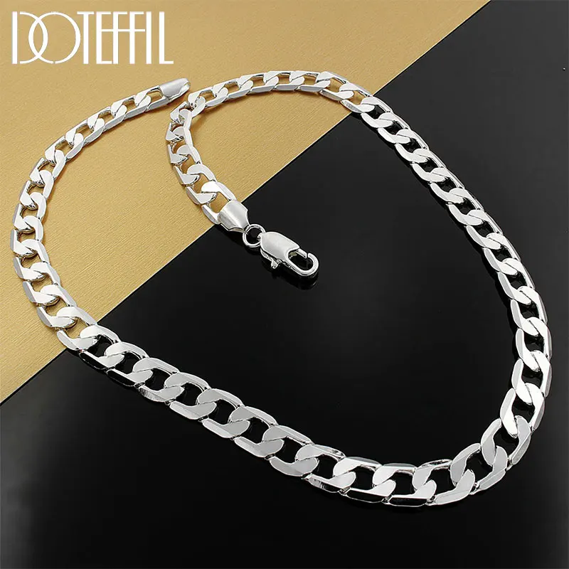 DOTEFFIL 925 Sterling Silver 20/24 Inches 10mm Flat Sideways Chain Necklace For Women Man Fashion Wedding Party Charm Jewelry