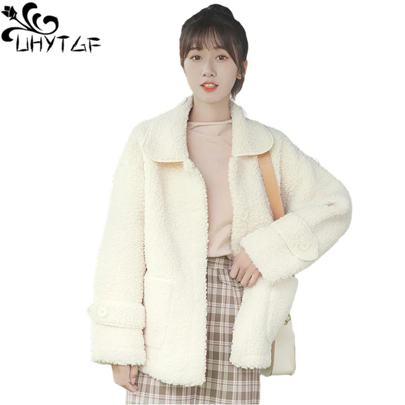 UHYTGF Autumn Winter Clothes Woman Jacket Lamb Wool Short Jacket Women Tops Long Sleeve Single Breasted Coat Mujer Chaqueta 936