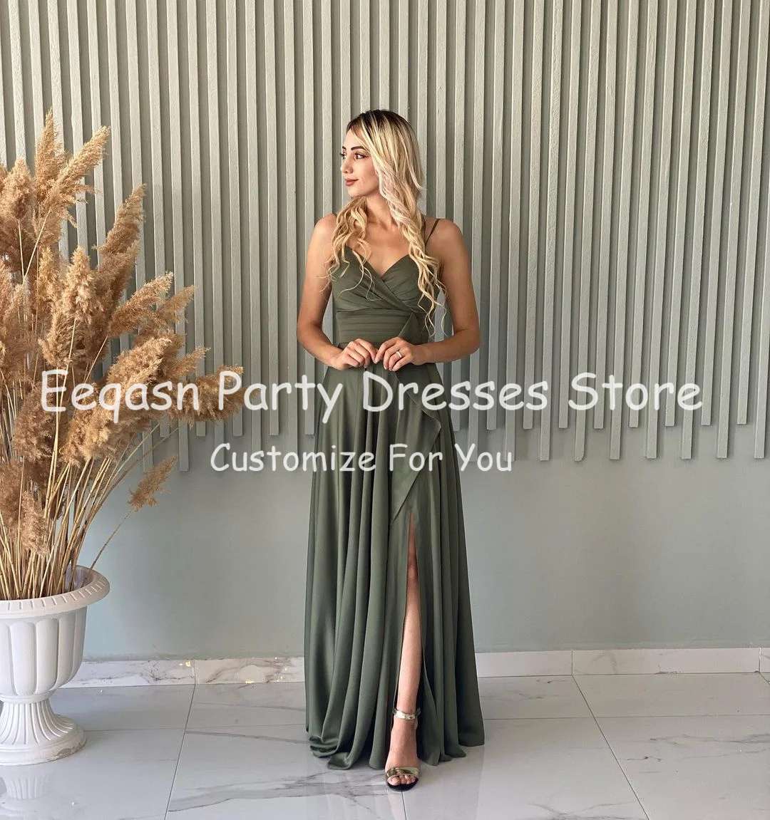 Eeqasn Classic Chiffon Bridesmaid Dresses For Wedding Party Pleated Straps Women Prom Gowns Slit Slide Formal Evening Dress