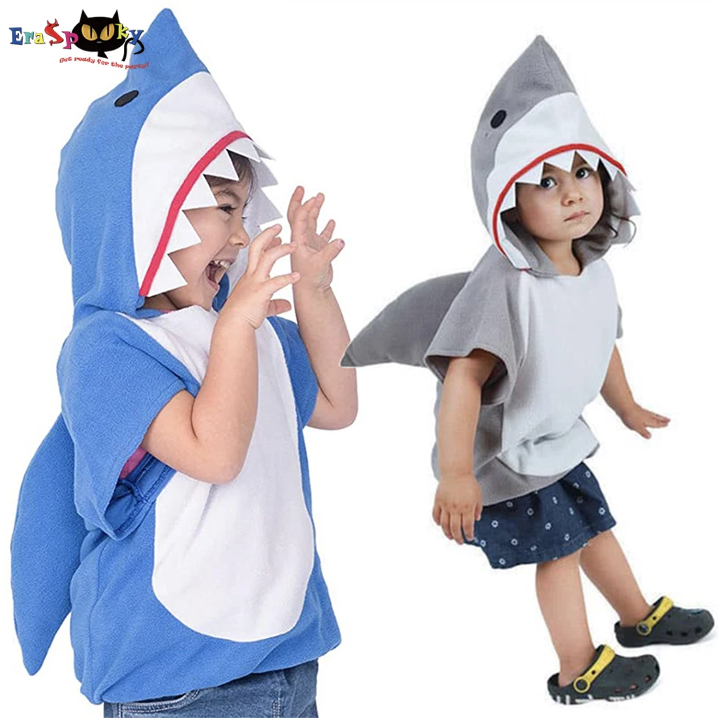 Eraspooky 1-6T Grau Shark Cosplay Hoodie Halloween Kostüm Für Kinder Kleinkind Weihnachten Phantasie Kleid Kinder Sharks Candy tasche