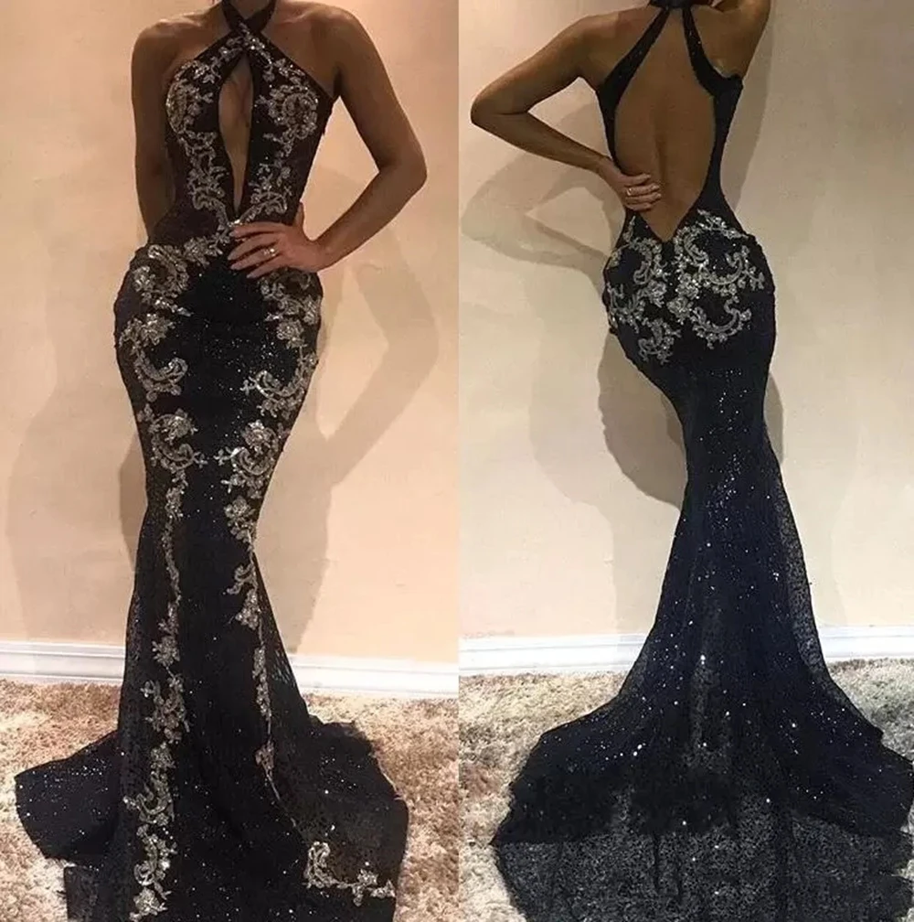 Vestidos De Noche De sirena brillantes negros, cuello Halter, apliques, vestido De fiesta De cóctel femenino, vestidos De graduación, vestido hecho a medida