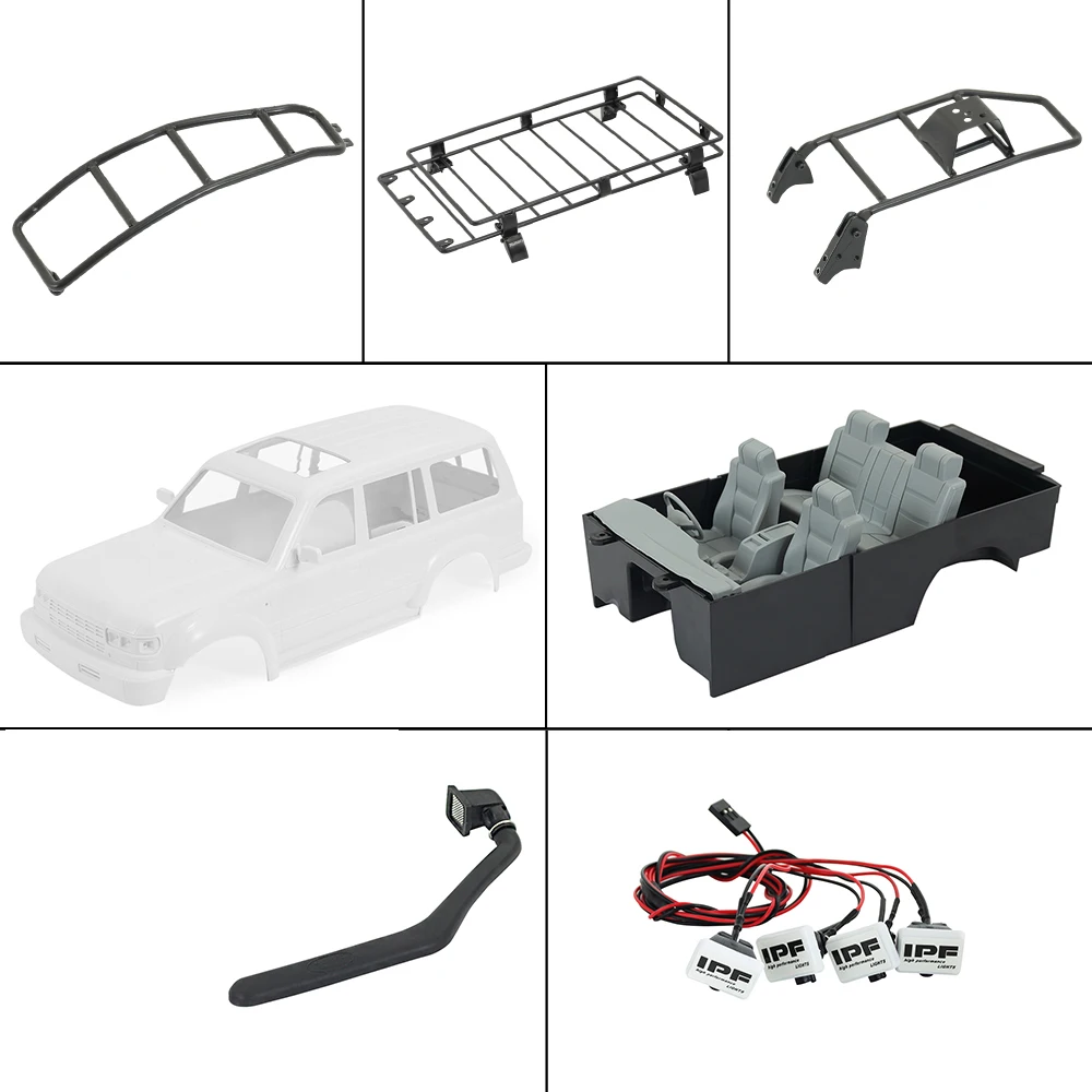 1/10 Scale LC80 Hard Body Mount Roof Rack Interior Tail Ladder Spare Wheel Carrier Snorkel LED Lamp for RC Crawler TRX4 SCX10