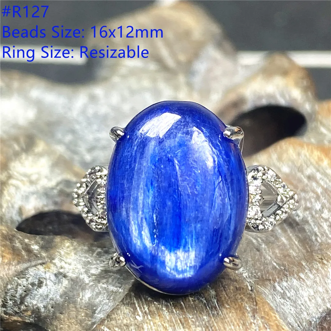 Natural Blue Kyanite Crystal Ring Jewelry For Women Men Luck Gift 16x12mm Beads Silver Beauty Cat Eye Stone Adjustable Ring AAAA