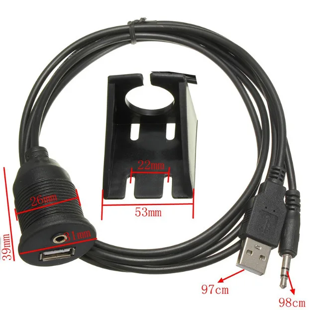 Dashboard Extension Cable for Motorcycle, Moto Flush Mount Panel, USB 2.0, 3.5mm, M/F, AUX Lead, Styling