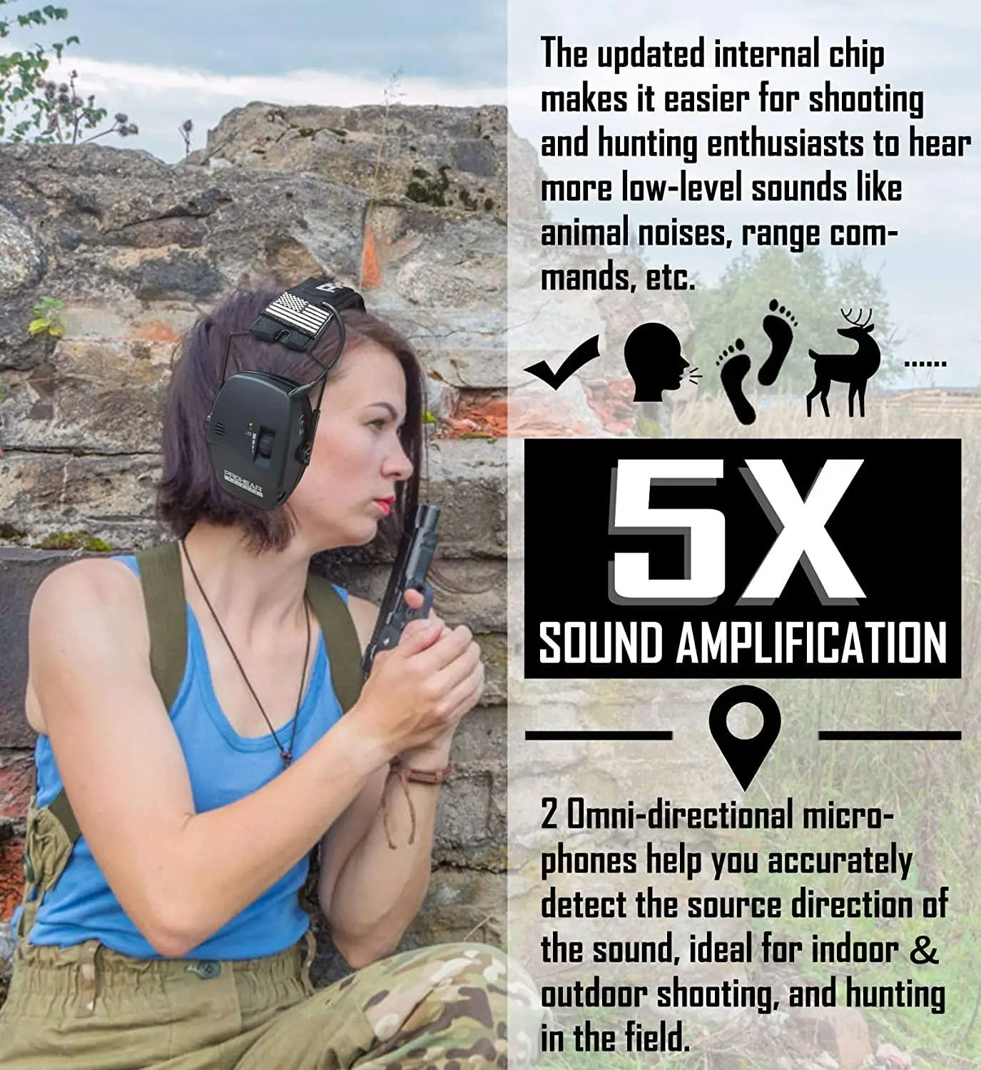 Top Tactical Hunting Earmuffs, Proteção Auditiva Tiro Eletrônico, Fone De Ouvido Protetor Para Caça, Amplificação De Som, NRR22db