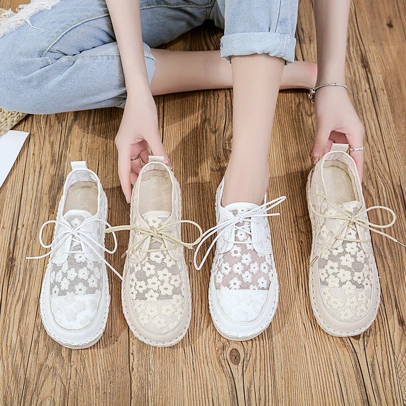 Breathable Knitted Lace Women\'s Shoes New Women\'s Casual Shoes Flat Bottom Woven Shallow White Shoes New 2023