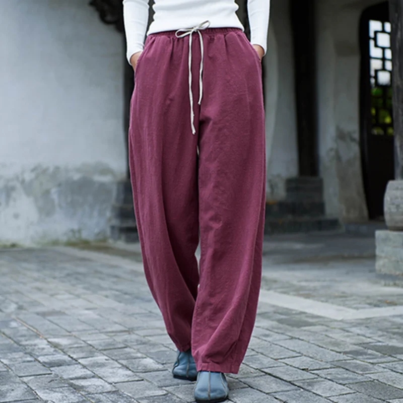 Wide Leg Harem Pants Trousers Chinese Style Streetwear Women Ethnic Vintage Elastic Waist Loose Long Cotton Linen  Slacks