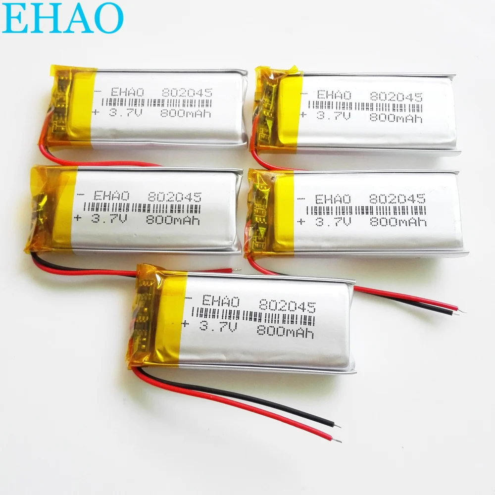 Lot 5 pcs EHAO 802045 3.7V 800mAh Lithium Polymer LiPo Rechargeable Battery For Mp3 PAD DVD E-book bluetooth headset