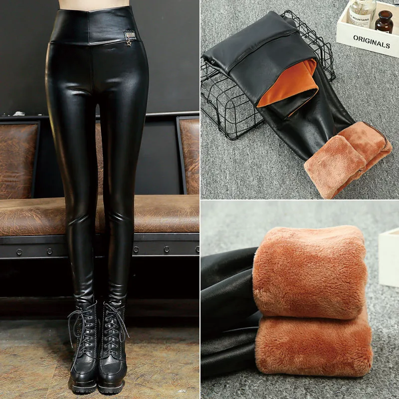 Autumn and winter 2019 new Korean style Women pants leather pants women\'s high waist Plush thickened elastic PU leather